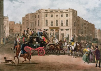 The Age, Brighton Coach bij de Bull and Mouth, Regent Circus, Piccadilly, gegraveerd door G.V.C. Hunt, 1829 door E. F. Lambert